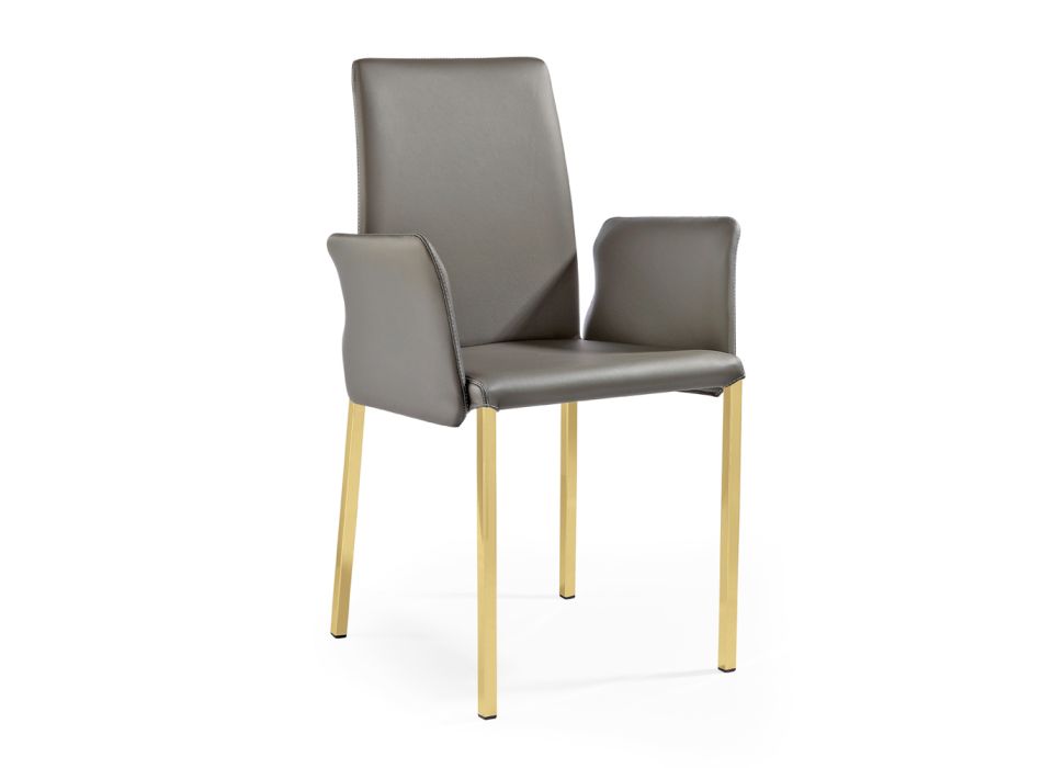 2 karrige me mbështetëse krahësh prej lëkure antracit dhe çeliku ari Prodhuar në Itali - Cadente Viadurini