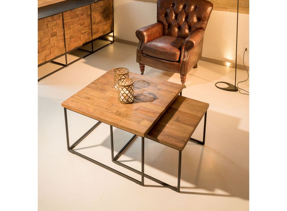 2 Tavolina kafeje me majë prej druri të ricikluar dhe bazë metalike - rrëshqitje Viadurini