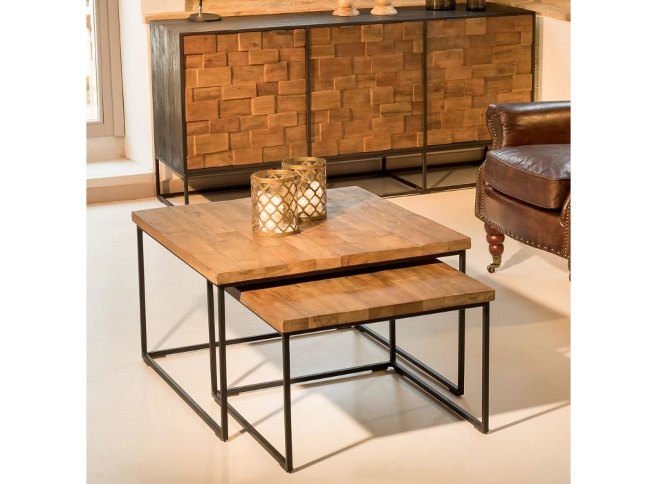 2 Tavolina kafeje me majë prej druri të ricikluar dhe bazë metalike - rrëshqitje Viadurini