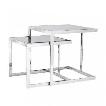 2 tavolina kafeje me dizajn modern në çelik me majën e qelqit Bubbi