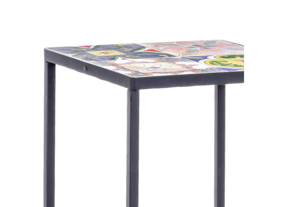 3 Tavolina Kafeje Kopshti me Dizajn katror në Çelik me Dekorime - Magjepsëse Viadurini
