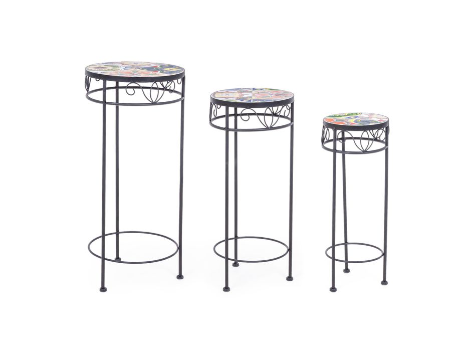3 Tavolina të rrumbullakëta çeliku të jashtme me dekorime me dizajn - magjepsëse Viadurini