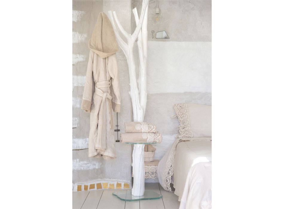 Rroba banjo ngjyrë bezhë terry dhe liri me kapuç Prodhuar në Itali - Mirandola Viadurini
