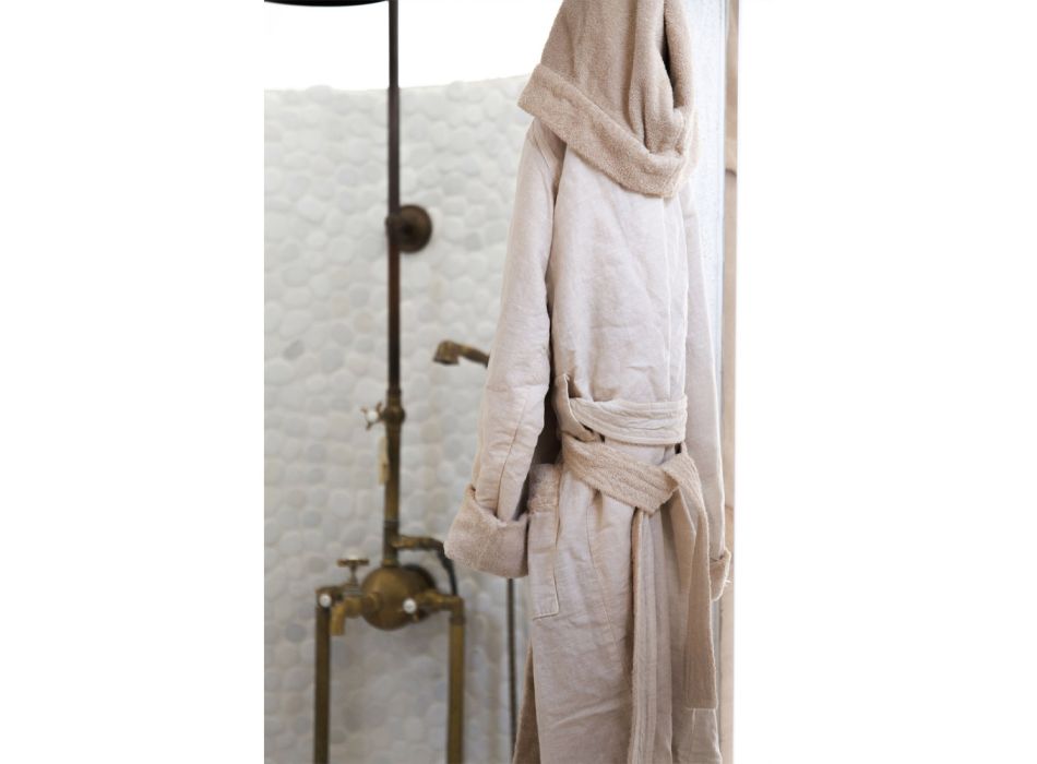 Rroba banjo ngjyrë bezhë terry dhe liri me kapuç Prodhuar në Itali - Mirandola Viadurini