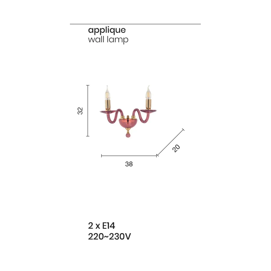 Llambë muri klasike 2 dritash në xham italian dhe metal ari të punuar me dorë - Oliver Viadurini
