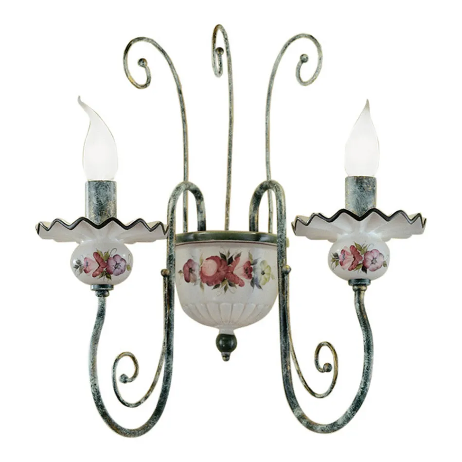 Llamba muri me 2 drita në qeramikë të dekoruar me dorë dhe tunxh antik - Sanremo Viadurini