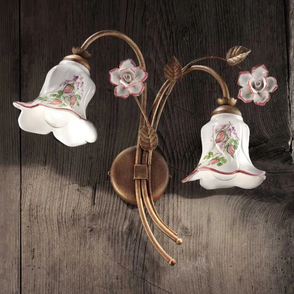 Llamba muri 2 drita në metal dhe qeramike e dekoruar me dorë me trëndafil - Pisa Viadurini