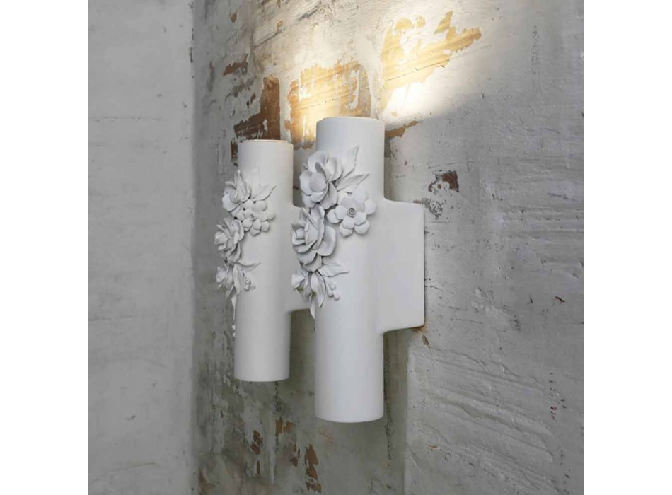 Sconce Wall në Qeramikë të Bardhë Matt me Lule Dekorative - Revolucioni Viadurini