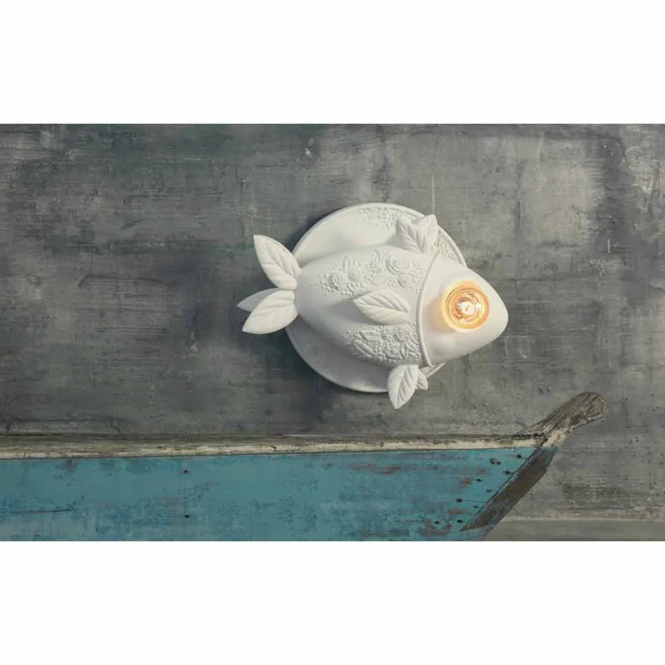 Sconce Wall në Dizajn Qeramike të Bardhë Matt me Peshq të Dekoruar - Peshk Viadurini