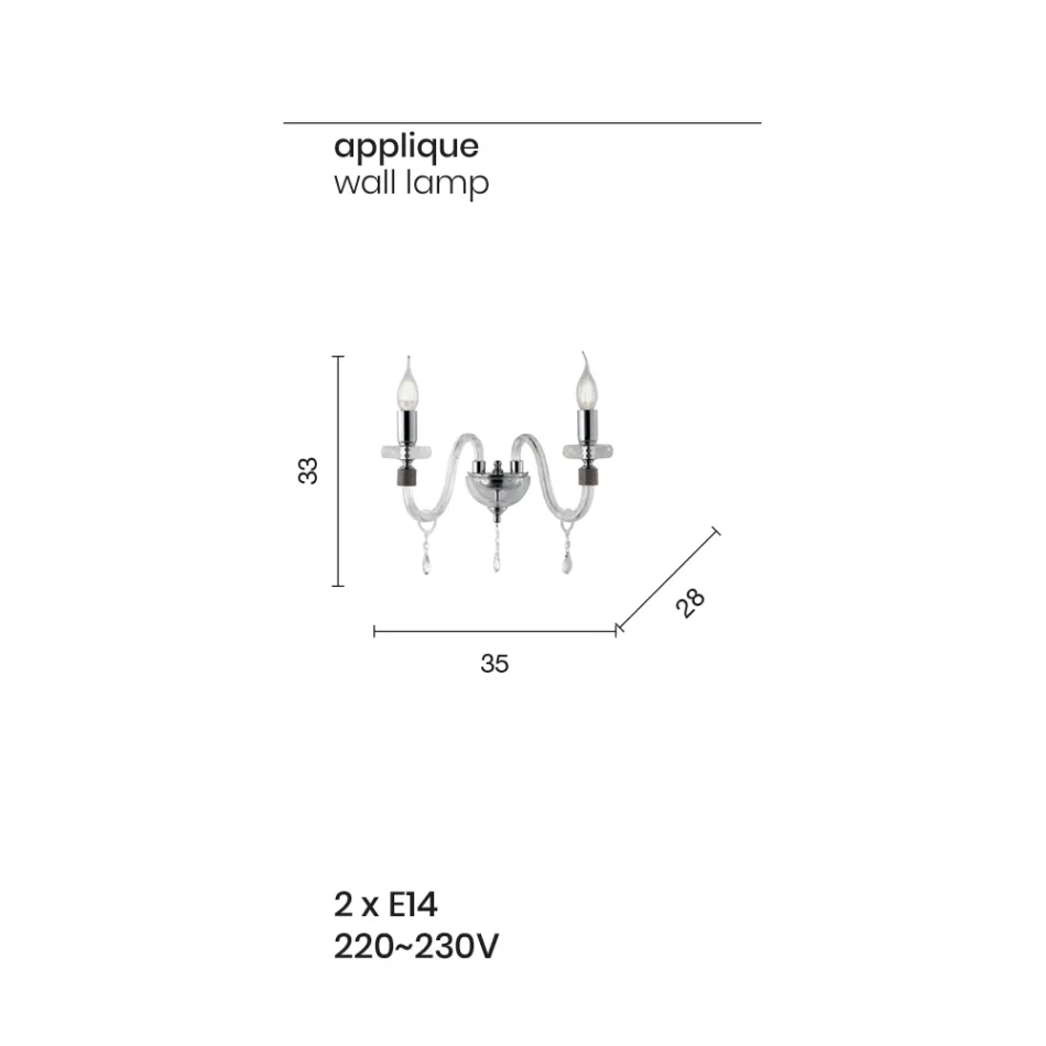Llambë muri me dizajn klasik me 2 drita në xham krom të punuar me dorë - Similo Viadurini