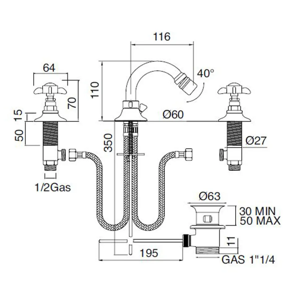 Mikser klasik i bidetit me 3 vrima në tunxh dhe doreza fluture - Miriano Viadurini
