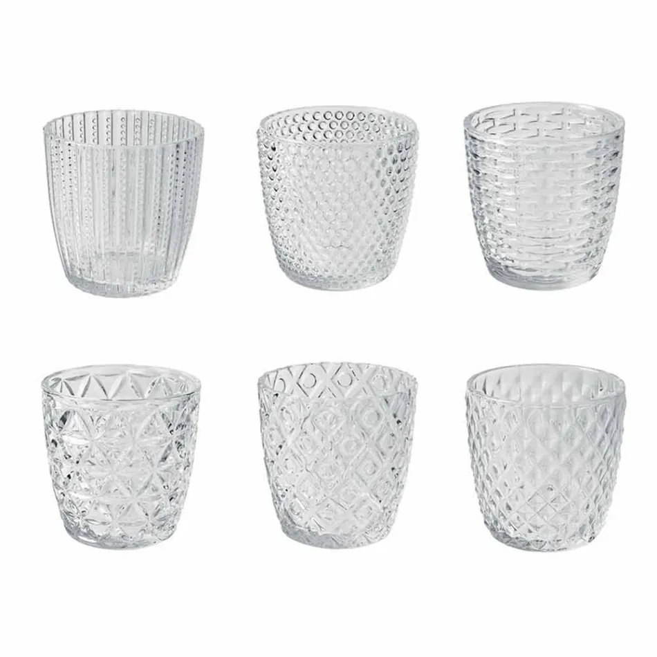 Gota qelqi të dekoruara transparente, shërbim modern uji 12 copë - përzierje Viadurini