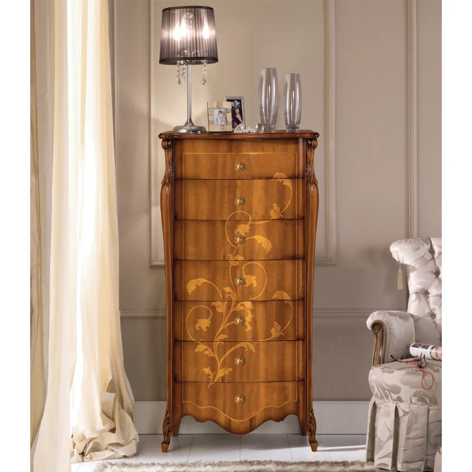 Komodë me 7 sirtarë në dru arre të zbukuruar Prodhuar në Itali - Commodus Viadurini