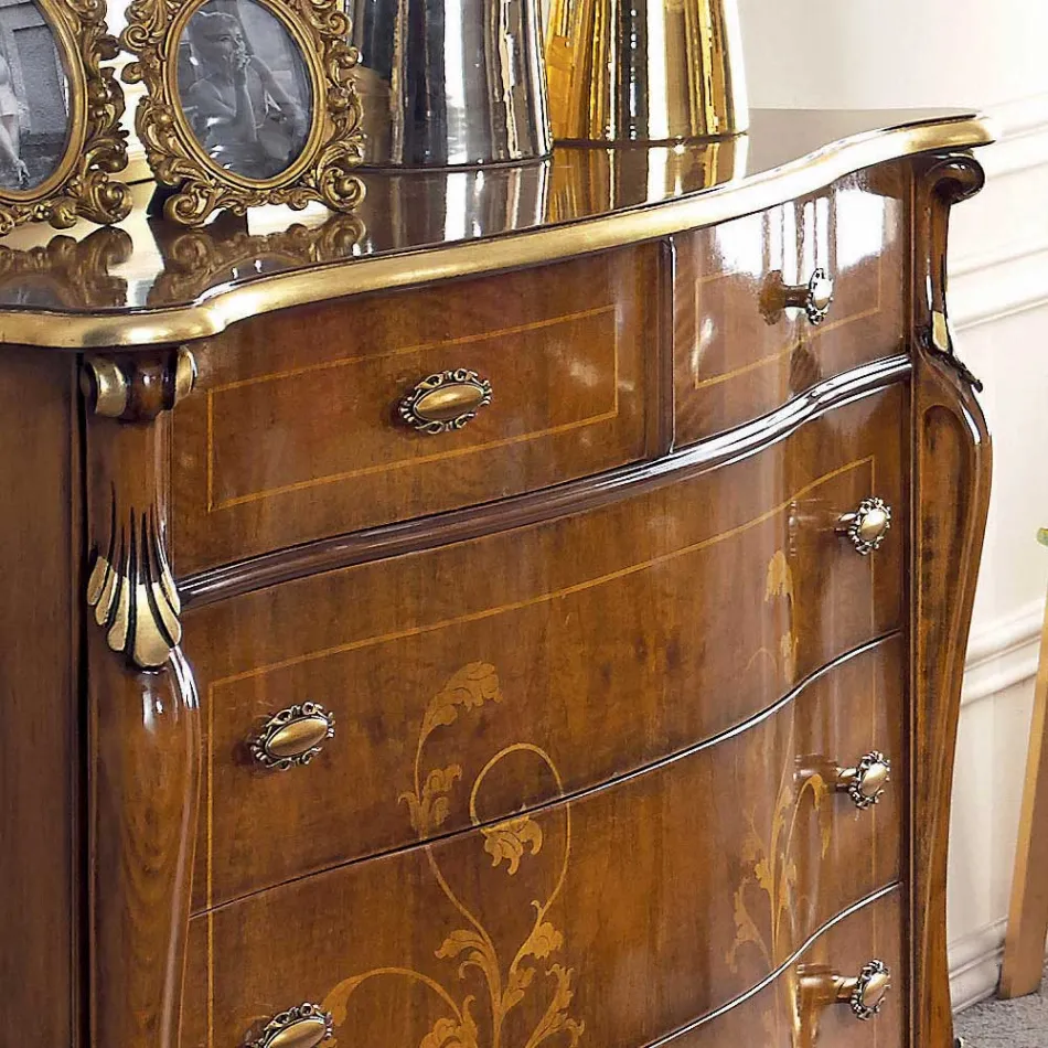 Komoda e dhomës së gjumit me sirtarë në dru të zbukuruar dhe pasqyrë Prodhuar në Itali - Cambrige Viadurini