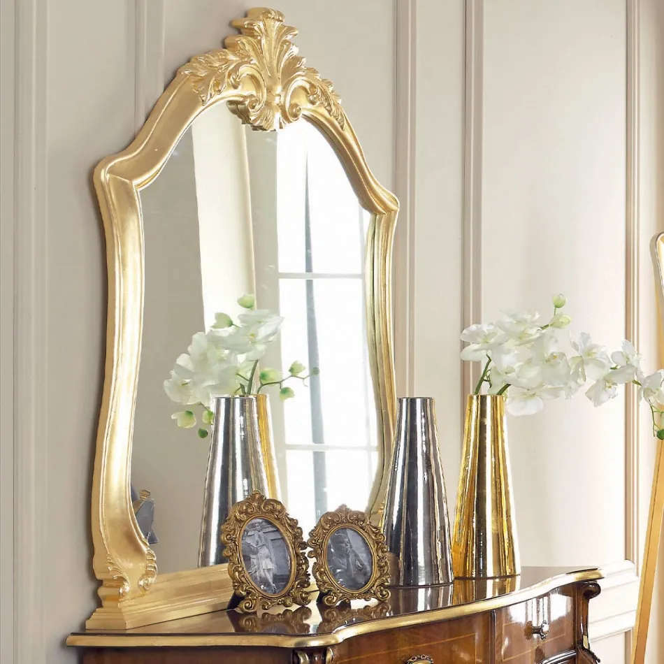 Komoda e dhomës së gjumit me sirtarë në dru të zbukuruar dhe pasqyrë Prodhuar në Itali - Cambrige Viadurini