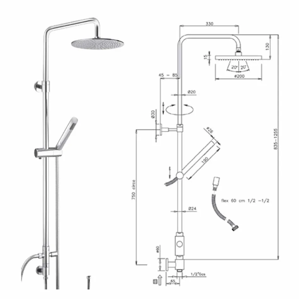 Kolona e dushit me seksion të rrumbullakët në tunxh me dush dore prodhuar në Itali - Amadeo Viadurini