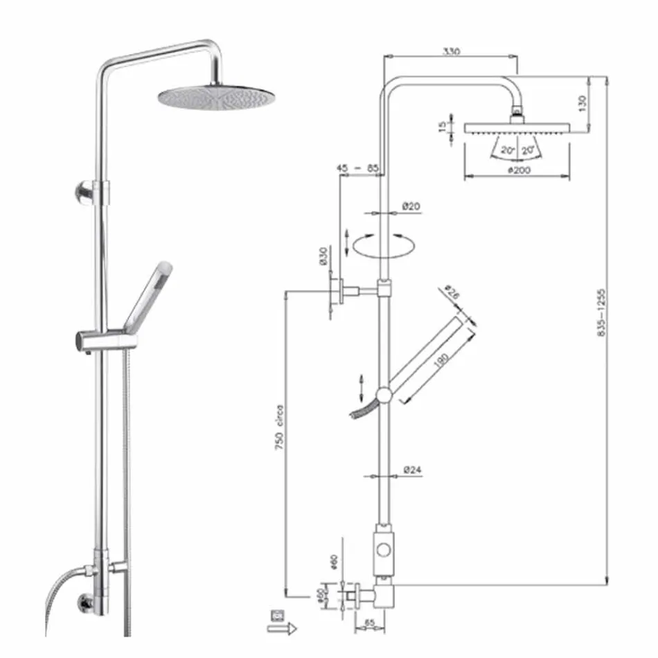 Kolona e dushit me seksion të rrumbullakët në tunxh me dush dore prodhuar në Itali - Amadeo Viadurini