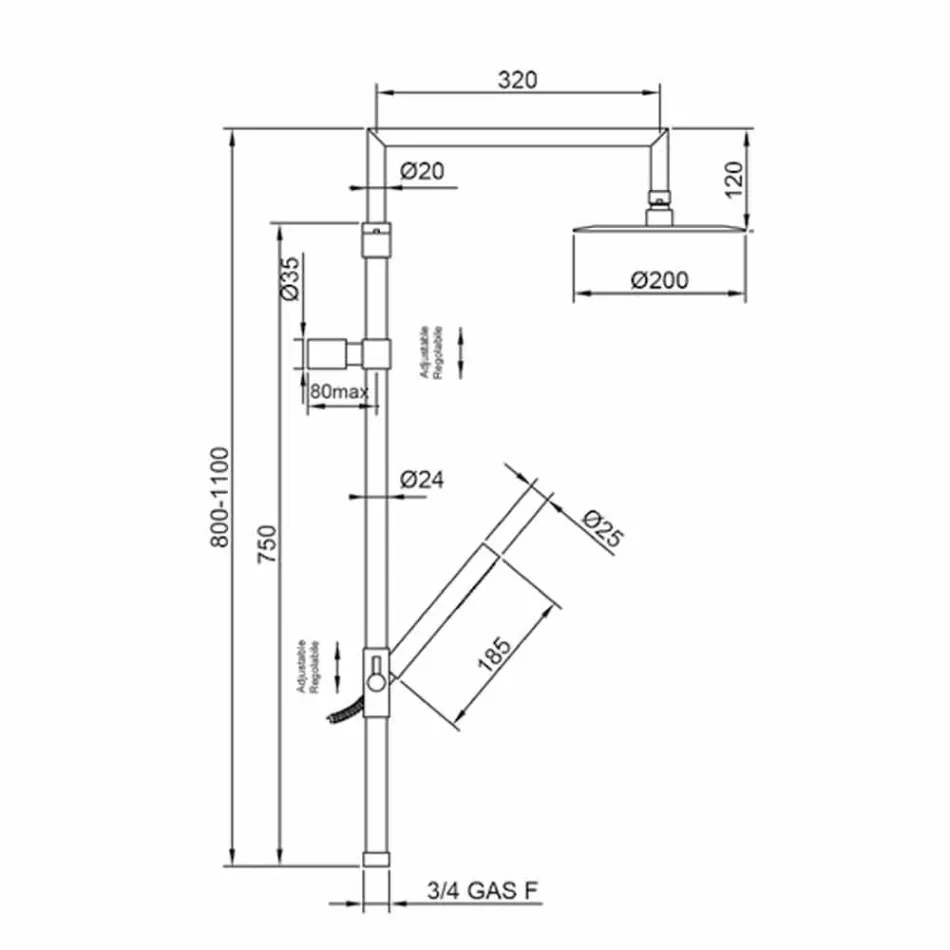 Kolona e dushit në tunxh të kromuar me ultraslim Showerhead prodhuar në Itali - Primo Viadurini