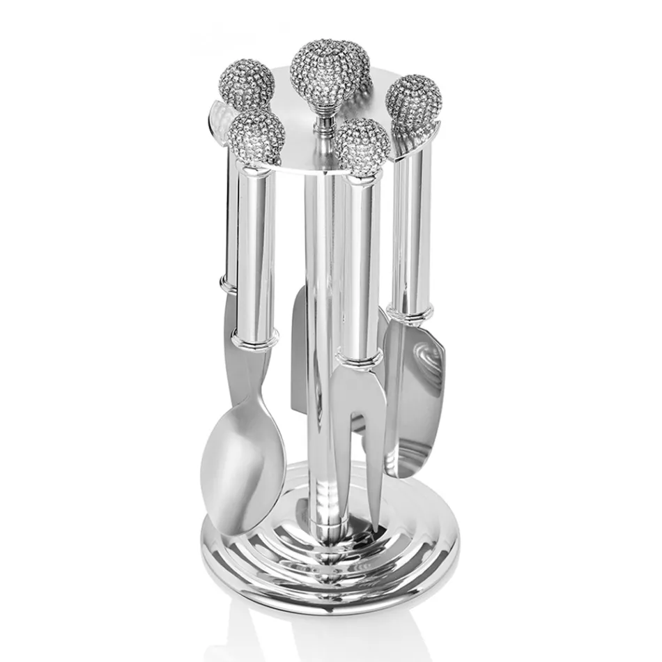 Thika djathi në metal argjendi me kristale 5 copë - Marfio Viadurini