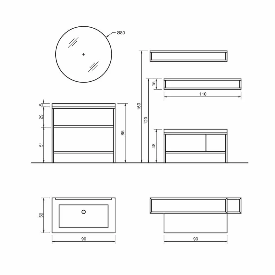 Përbërja 5 Mobilje banjo në këmbë në metale, Ekolegno dhe Gresi luksoze - Cizco Viadurini