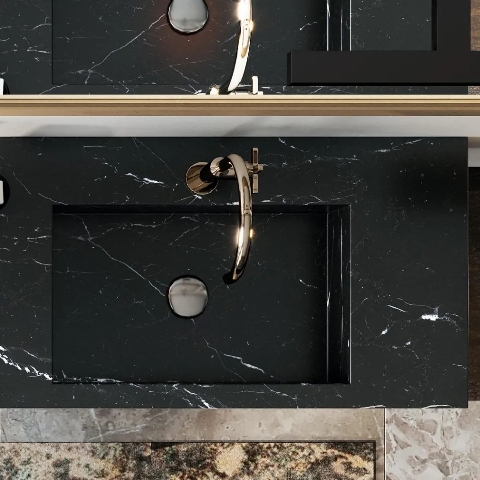 Kompozimi i banjës i kompletuar me pasqyrë dhe lavaman të dyfishtë Prodhuar në Itali - Palom Viadurini