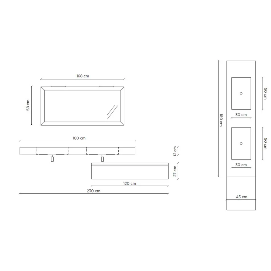 Kompozimi i banjës i kompletuar me pasqyrë dhe lavaman të dyfishtë Prodhuar në Itali - Palom Viadurini