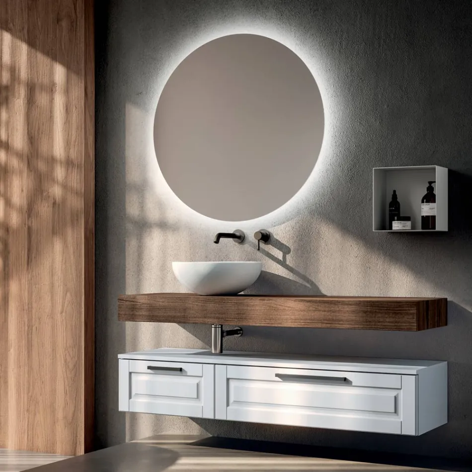 Kompozim Banjo me 2 Sirtarë, Pasqyrë dhe Lavaman Rrëshire të Bardhë - Magnolia Viadurini