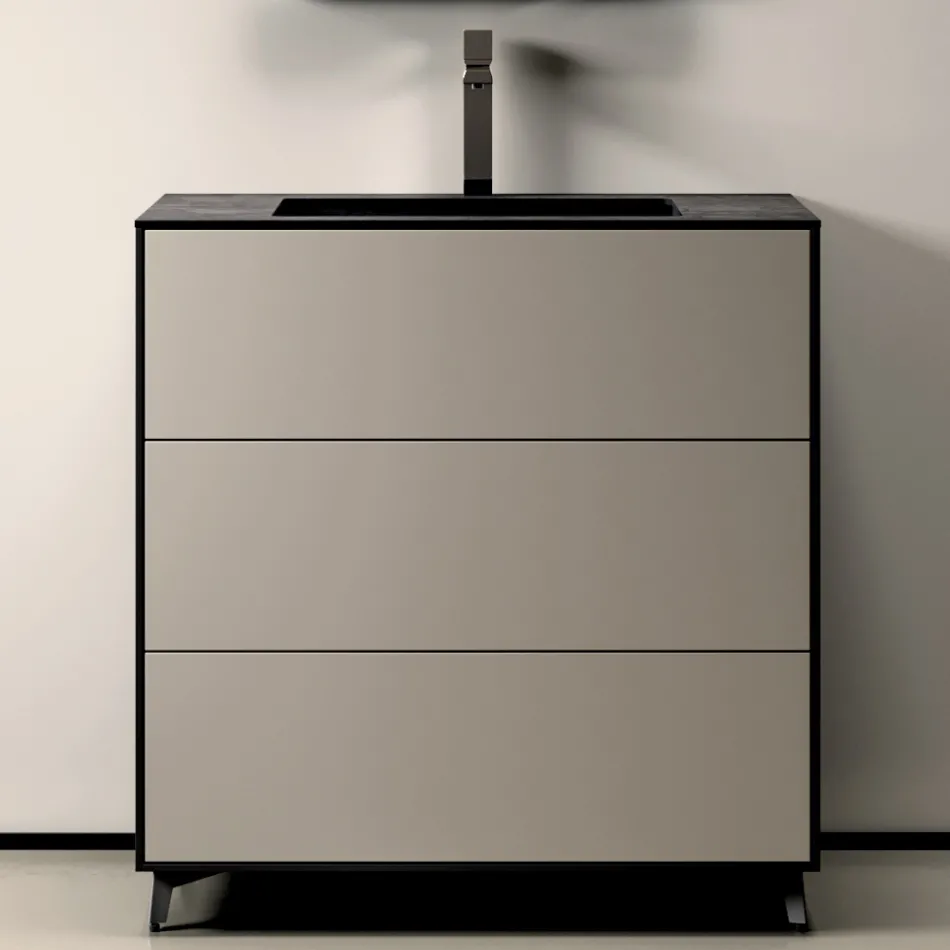 Kompozim Banjoje me 3 Sirtarë Mat Dove Gri, Pasqyrë dhe Lavaman - Velaria Viadurini