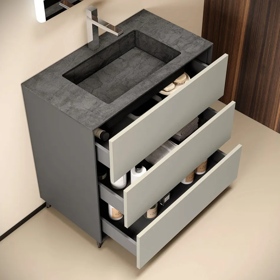 Kompozim Banjoje me 3 Sirtarë Mat Dove Gri, Pasqyrë dhe Lavaman - Velaria Viadurini