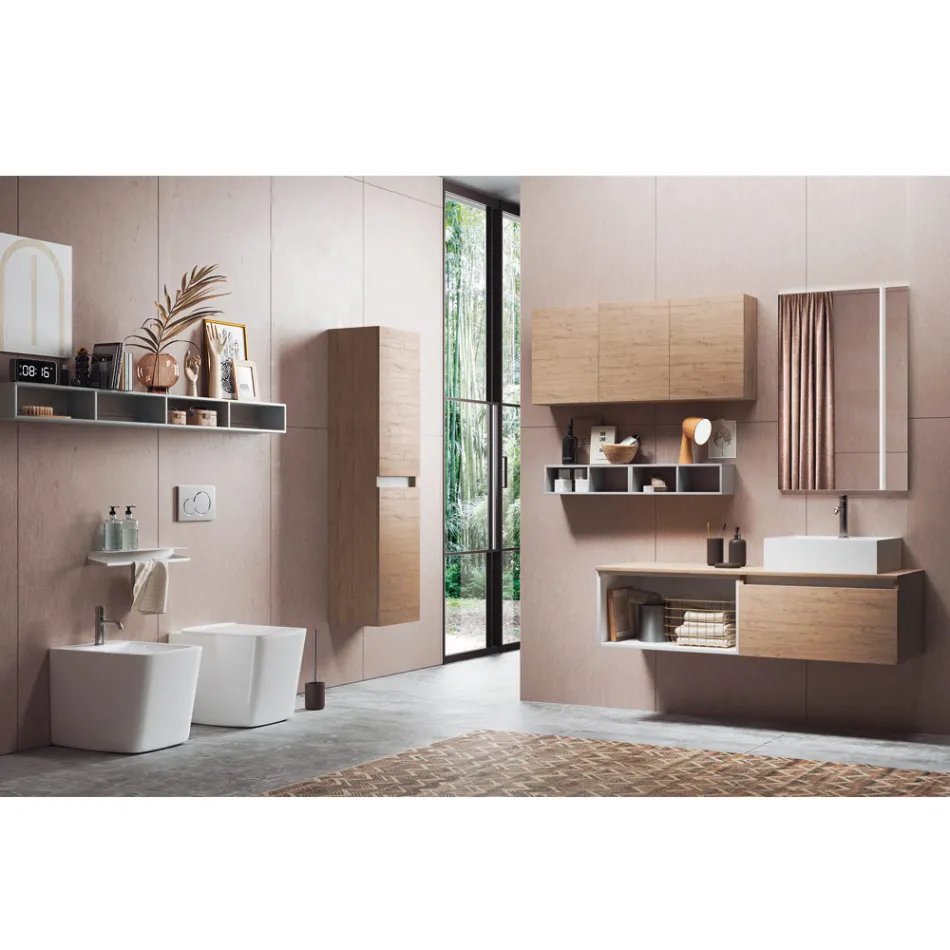 Kompozim banjoje me pasqyrë me llambë të integruar, lavaman dhe bazë - Dream Viadurini