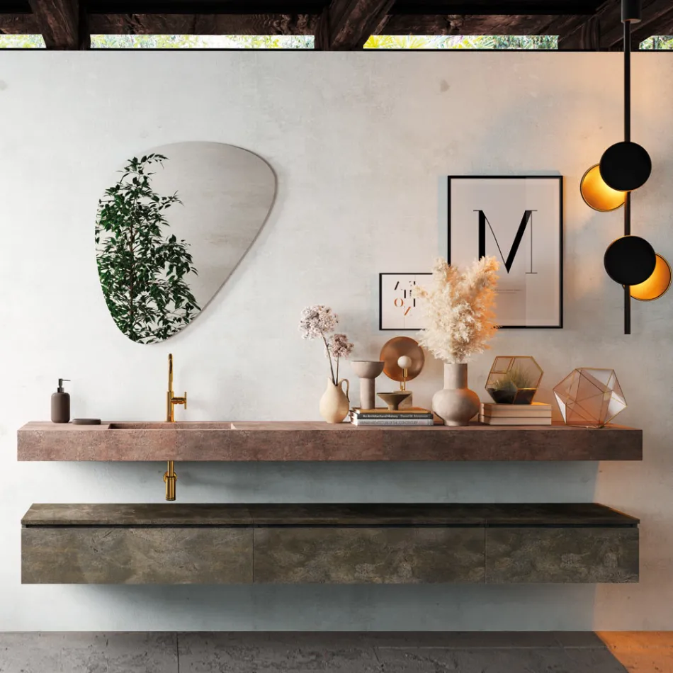 Kompozim banjoje me pasqyrë moderne dhe lavaman konsol Prodhuar në Itali - Palom Viadurini