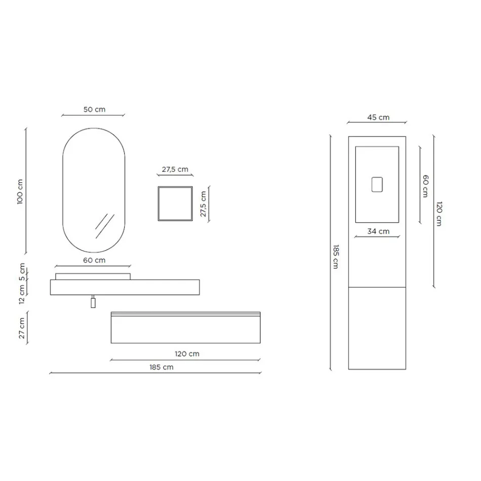Kompozim banjoje me pasqyre ovale, lavaman dhe baze Made in Italy - Palom Viadurini