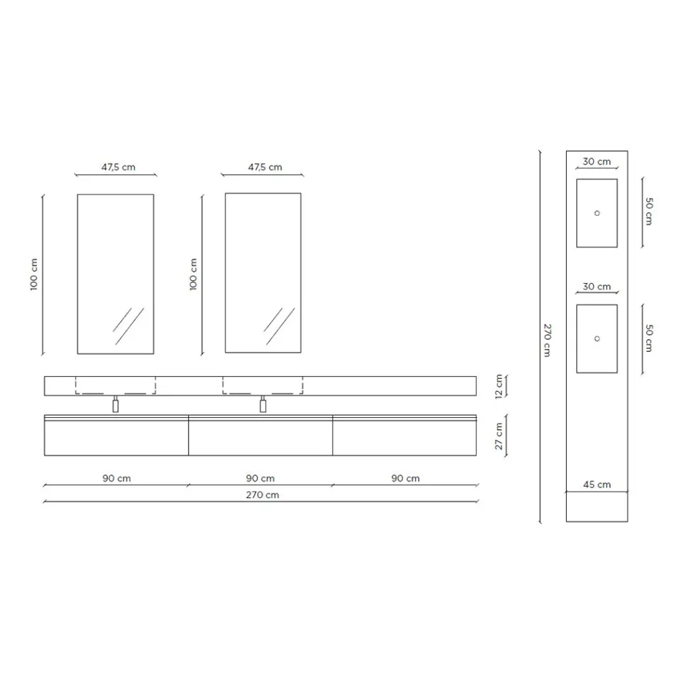 Kompozim banjoje dopio me pasqyrë drejtkëndëshe dhe lavaman Prodhuar në Itali - Palom Viadurini