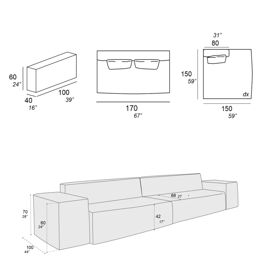 Përbërja e 1 divan, 1 mbështetëse krahu dhe 1 gadishull - E çuditshme Viadurini