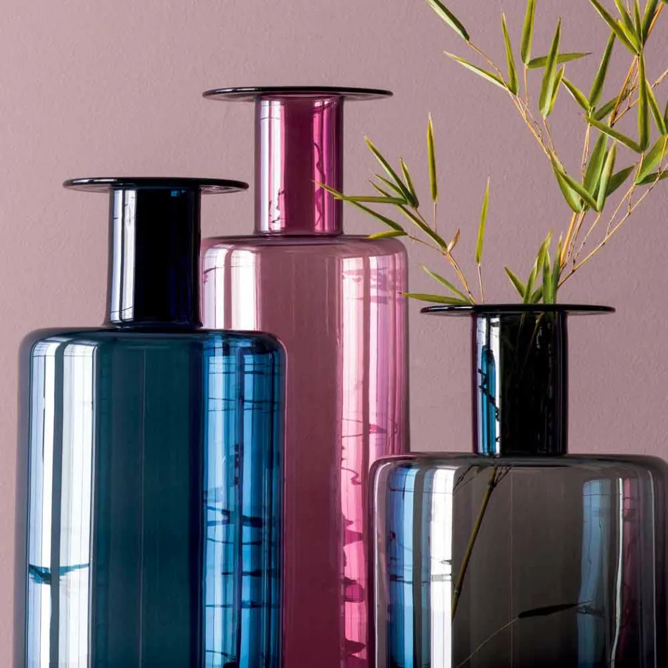 Përbërja e 3 vazove dekorative në xham të tymosur, blu dhe ametist - Pafundësia Viadurini