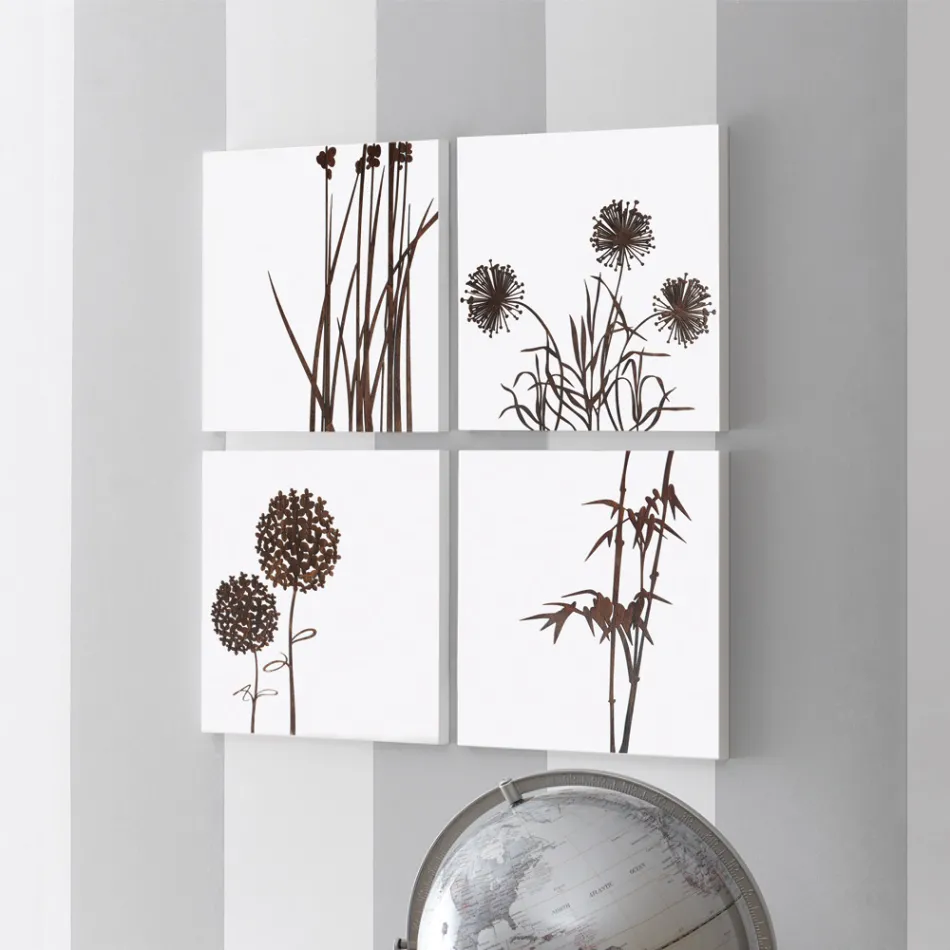 Përbërja e 4 paneleve me Hydrangeas, Allium dhe Thypha Made in Italy - Llogaritja Viadurini