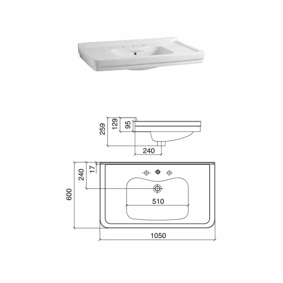 Konsolë banjo me pllaka të bardhë Vintage 105 cm me këmbë, e bërë në Itali - Marwa Viadurini