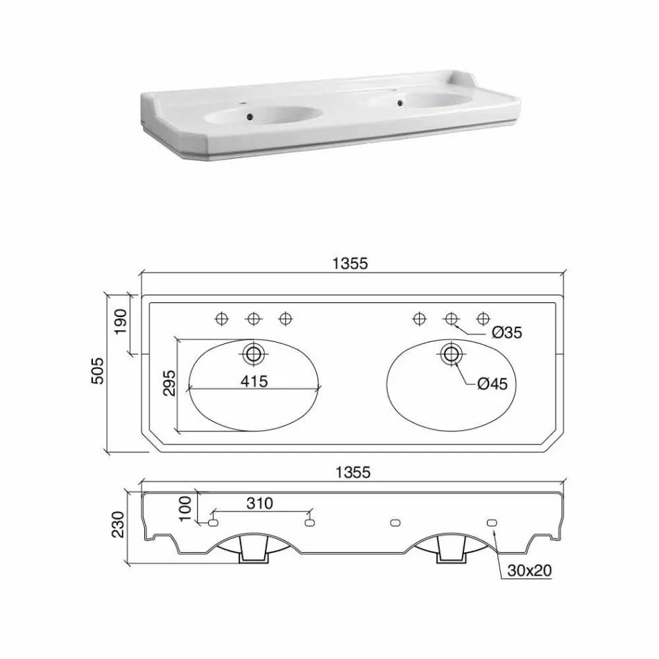 Konsola e banjës L 135 cm me një tas të dyfishtë në qeramikë të bërë në Itali - Nausica Viadurini