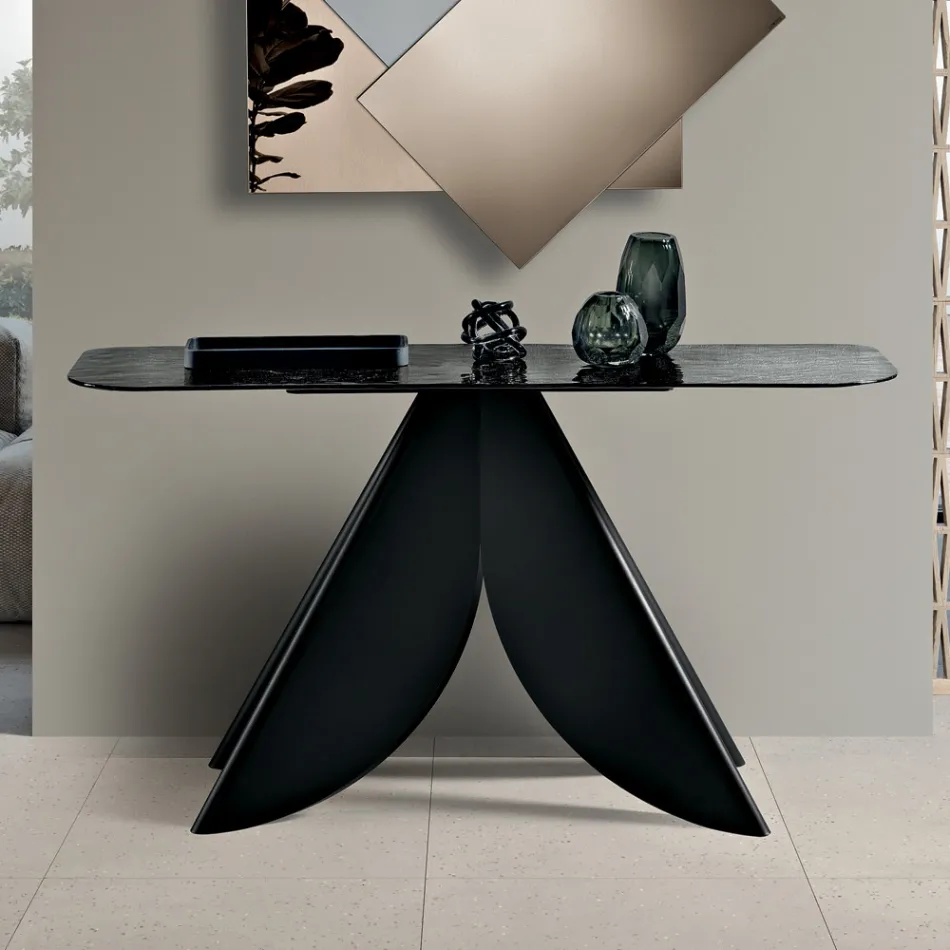 Tavolinë Konsol për Dhomë Ndenjeje prej Metali me Shpinë - Sipërfaqe Xhami të Skuqur të Argjendtë - Cristina Viadurini