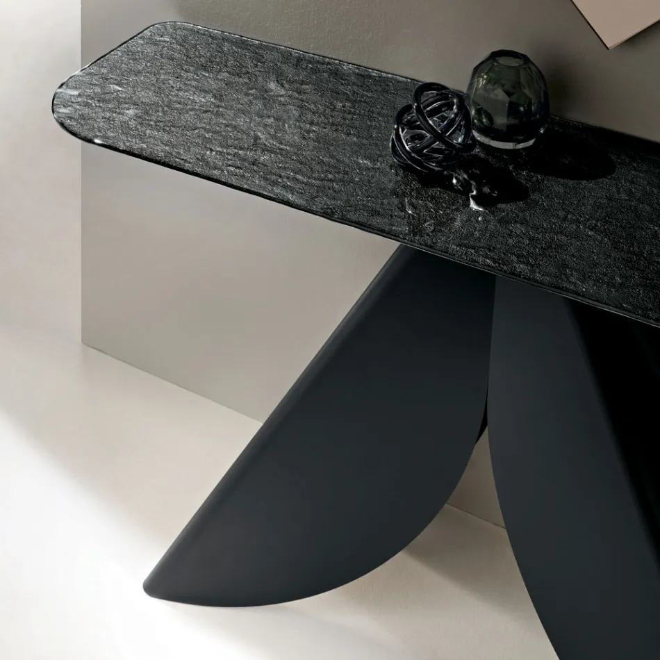 Tavolinë Konsol për Dhomë Ndenjeje prej Metali me Shpinë - Sipërfaqe Xhami të Skuqur të Argjendtë - Cristina Viadurini