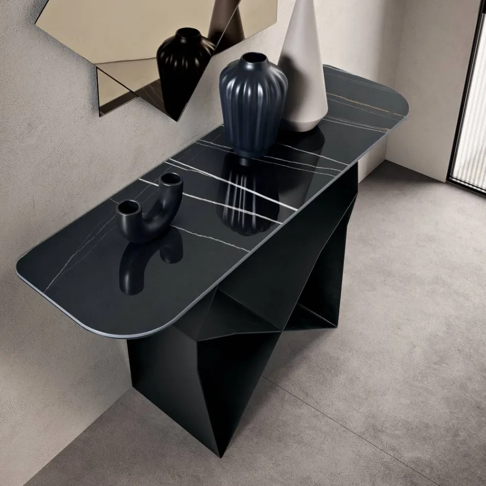 Tavolinë Konsole Metalike Concordia me Sipërfaqe Qeramike me Efekt Mermeri, E Prodhuar në Itali Viadurini