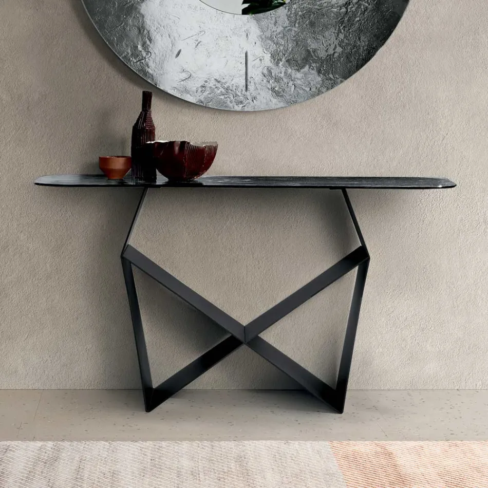 Tavolinë Konsole prej Metali dhe Sipërfaqe Qelqi të Skuqur me Mbrapa - Ngjyrë Argjendi - Concordia Viadurini