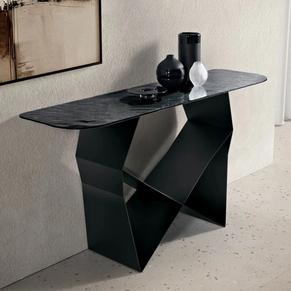 Tavolinë Konsole prej Metali dhe Sipërfaqe Qelqi të Skuqur me Mbrapa - Ngjyrë Argjendi - Concordia Viadurini