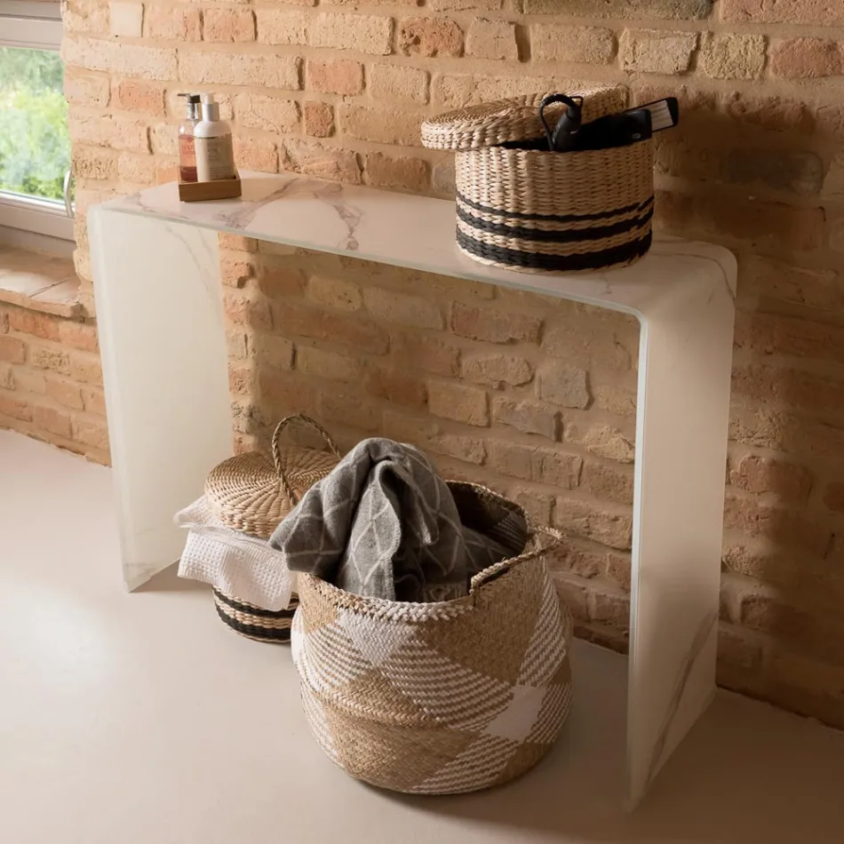 Tavolinë Konsole prej Xhami të Lakuar të Temperuar 10 mm me Efekt Mermeri - Agordo Viadurini