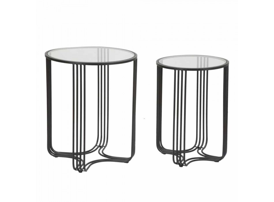 Çifti i tavolinave të rrumbullakëta të kafesë në dizajn modern prej hekuri dhe qelqi - Ezra
