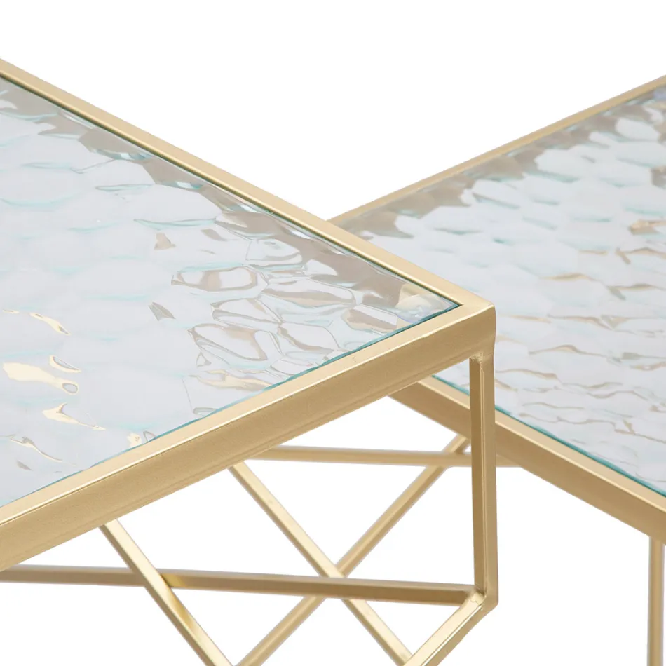 Një palë tavolina telefonike katrore në pjesën e sipërme prej hekuri dhe xhami të artë - Papa Viadurini