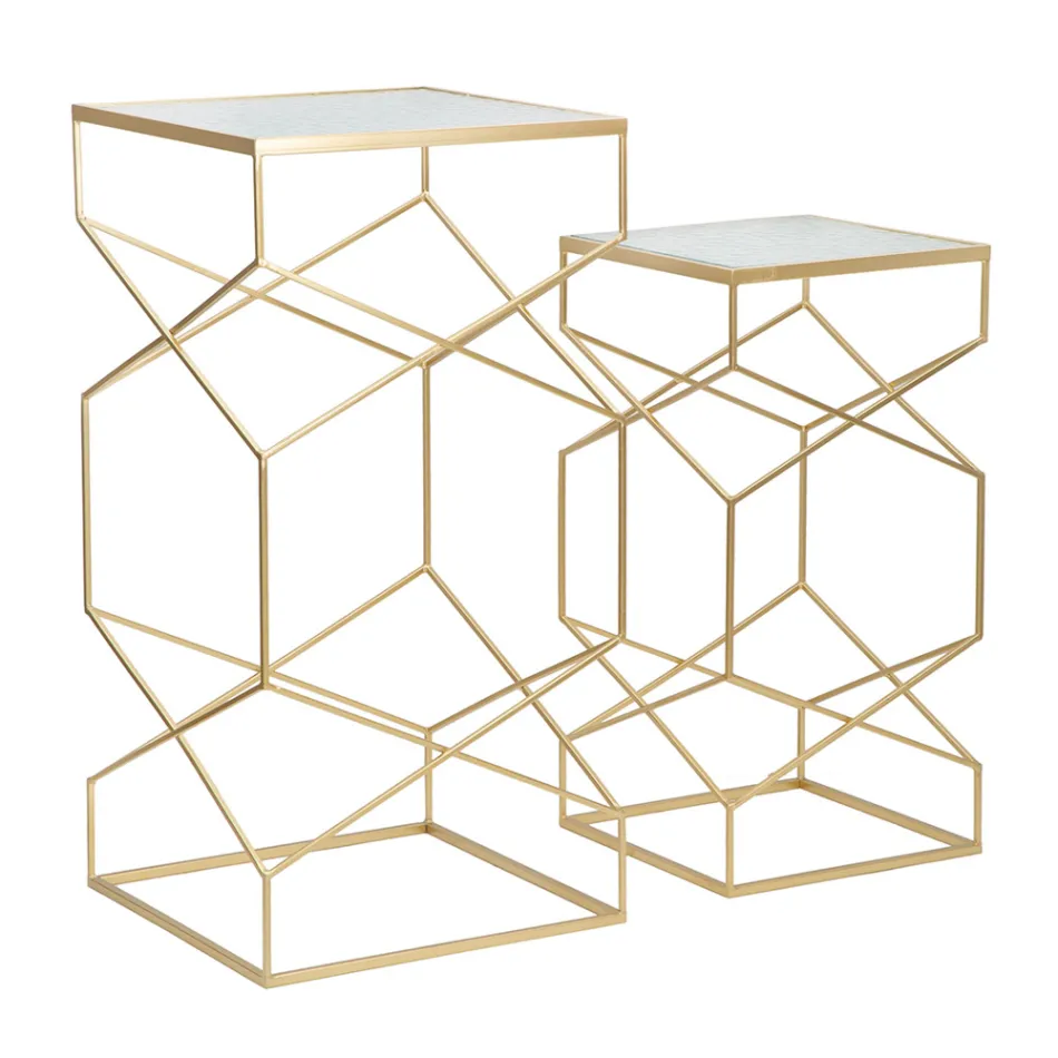 Një palë tavolina telefonike katrore në pjesën e sipërme prej hekuri dhe xhami të artë - Papa Viadurini