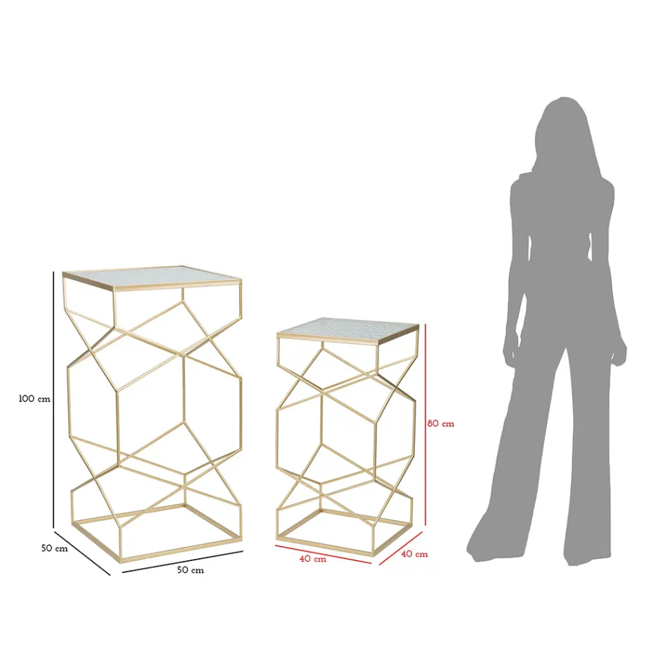 Një palë tavolina telefonike katrore në pjesën e sipërme prej hekuri dhe xhami të artë - Papa Viadurini