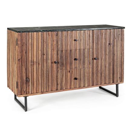 Tavolina anësore e cilësisë së mirë Akacia me dru dhe mermer me 2 dyer të sipërme 3 sirtarë - Syrio Viadurini