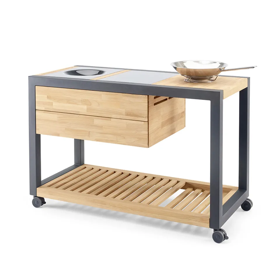 Kuzhinë e jashtme 140x65x93 cm E bërë nga dru tik dhe alumini - Convivial Viadurini